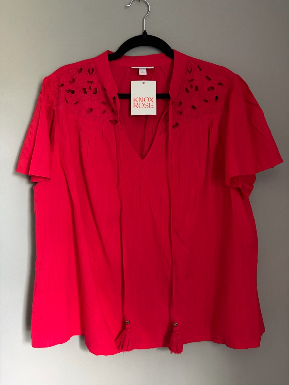 Knox Rose Bright Red Boho Eyelet Tassel Tie Flutter Sleeve Peasant Blouse NWT